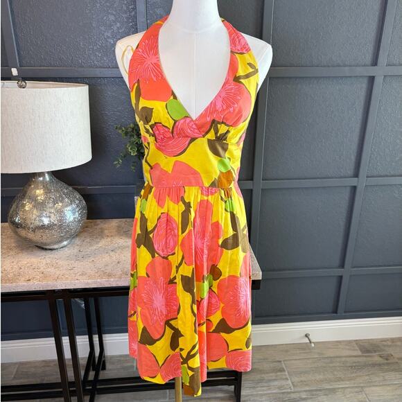Trina Turk Floral Yellow Coral Pink Halter Fit Flare 1960's Mini Dress Size 4 - Picture 1 of 4
